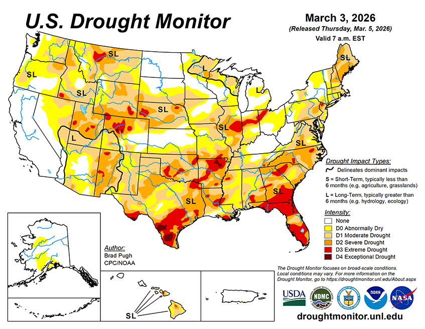 Weekly Drought Monitor for the Week ending 3/3/26