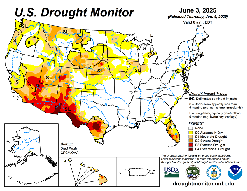 29.58% of the Lower 48 States are in Drought compared to 31.05% Last Week