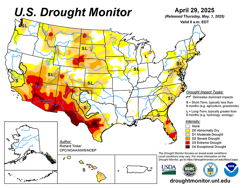 36.99% of the Lower 48 States are in Drought compared to 39.23% Last Week