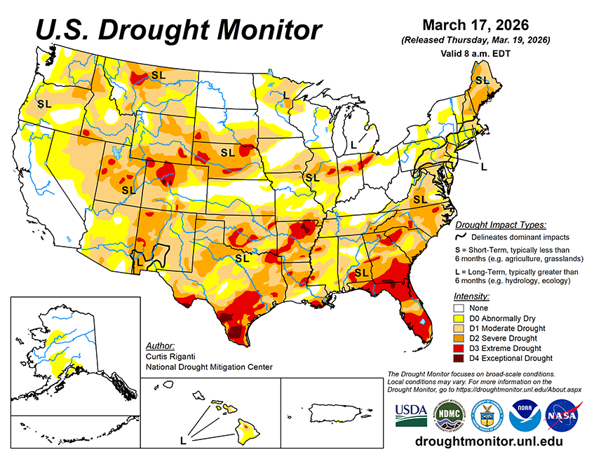 Weekly Drought Monitor for the Week ending 3/17/26