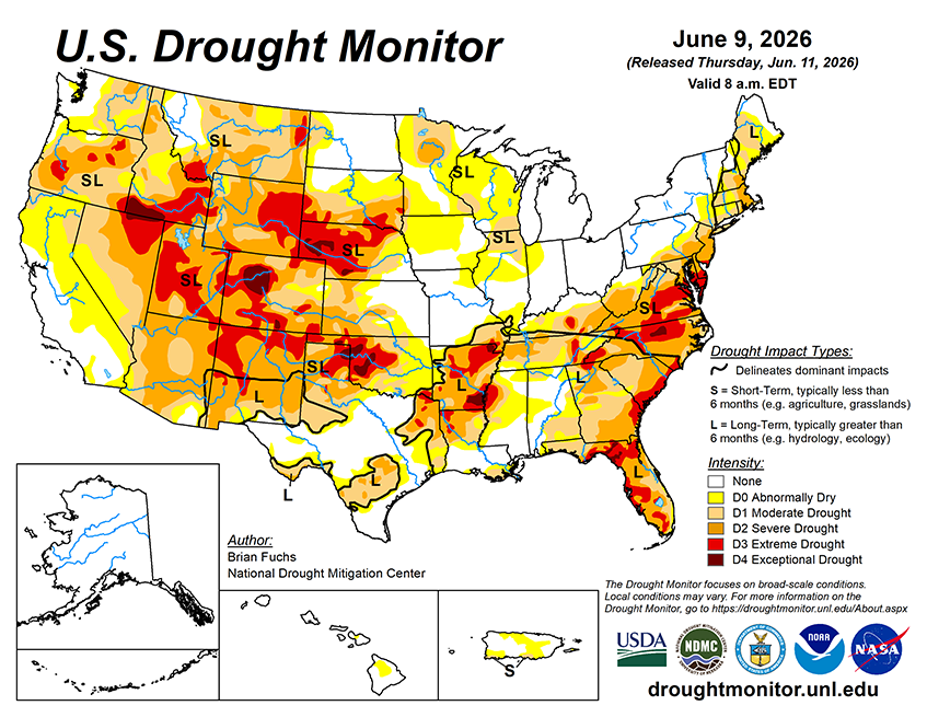 Weekly Drought Monitor for the Week ending 6/9/26