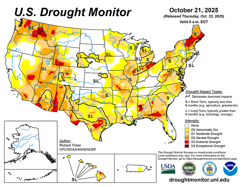 Weekly Drought Monitor for the Week ending 10/21/25
