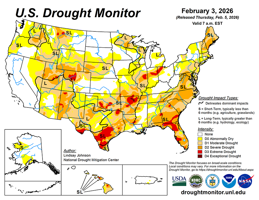 Weekly Drought Monitor for the Week ending 2/3/26