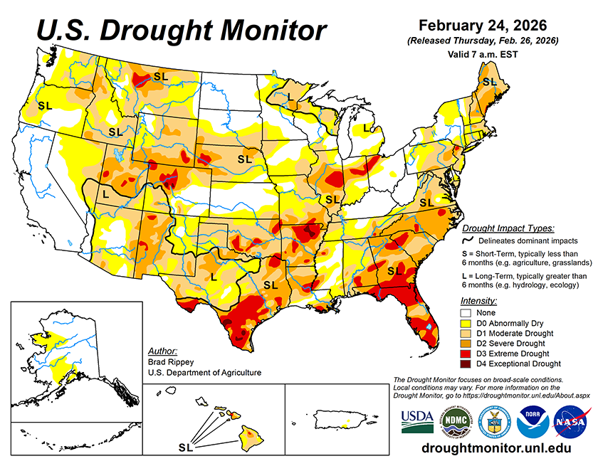 Weekly Drought Monitor for the Week ending 2/24/26