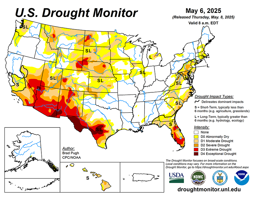 35.28% of the Lower 48 States are in Drought compared to 36.99% Last Week
