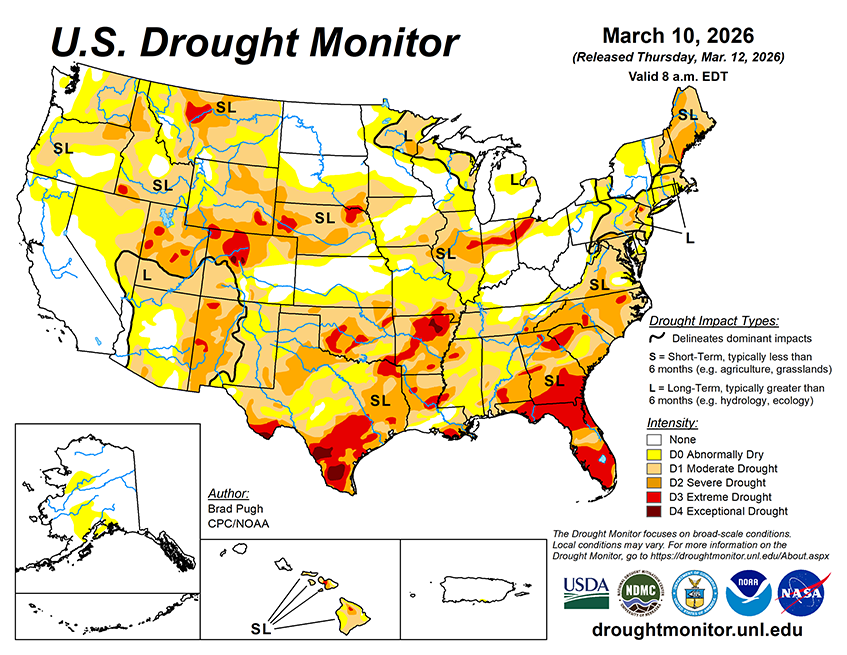 Weekly Drought Monitor for the Week ending 3/10/26