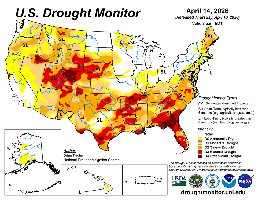 Weekly Drought Monitor for the Week ending 4/14/26