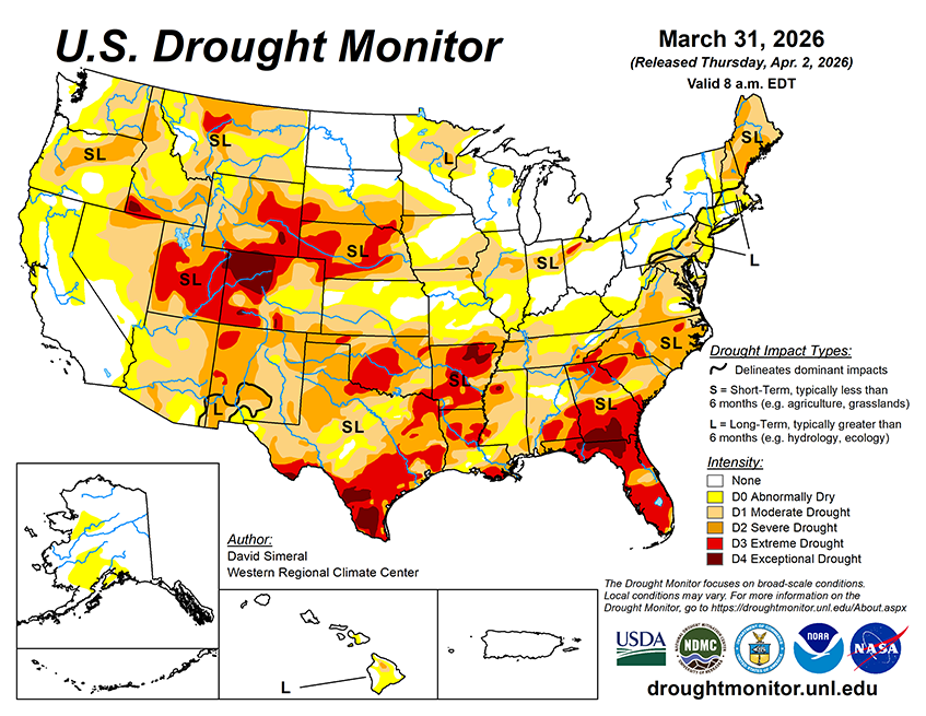 Weekly Drought Monitor for the Week ending 3/31/26