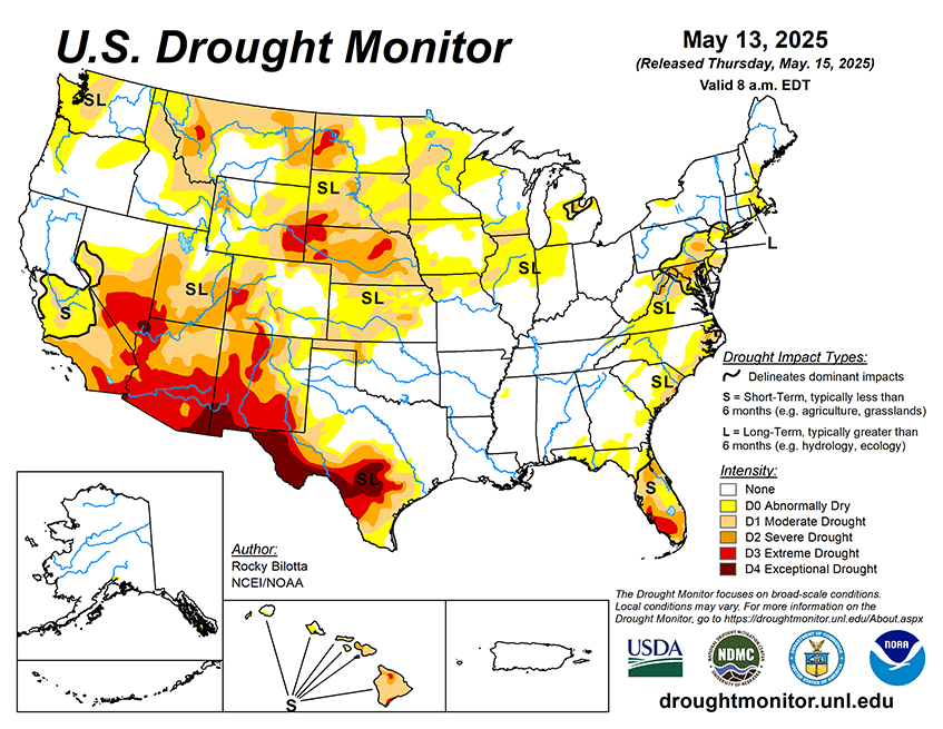 33.24% of the Lower 48 States are in Drought compared to 35.28% Last Week