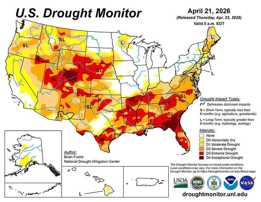 Weekly Drought Monitor for the Week ending 4/21/26