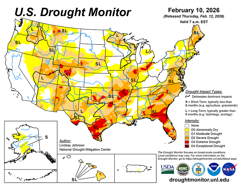 Weekly Drought Monitor for the Week ending 2/10/26