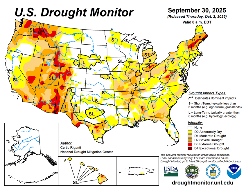 Weekly Drought Monitor for the Week ending 9/30/25