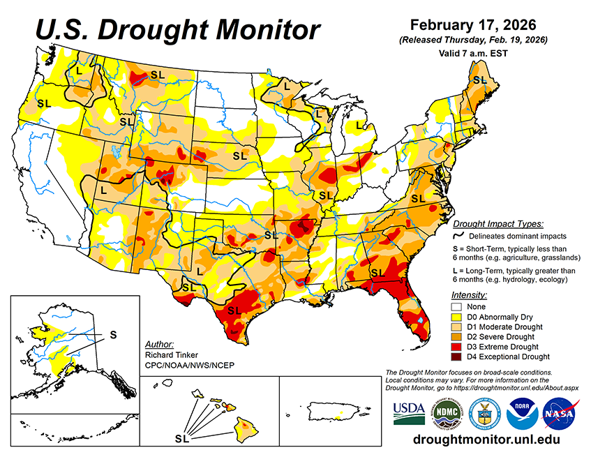 Weekly Drought Monitor for the Week ending 2/17/26