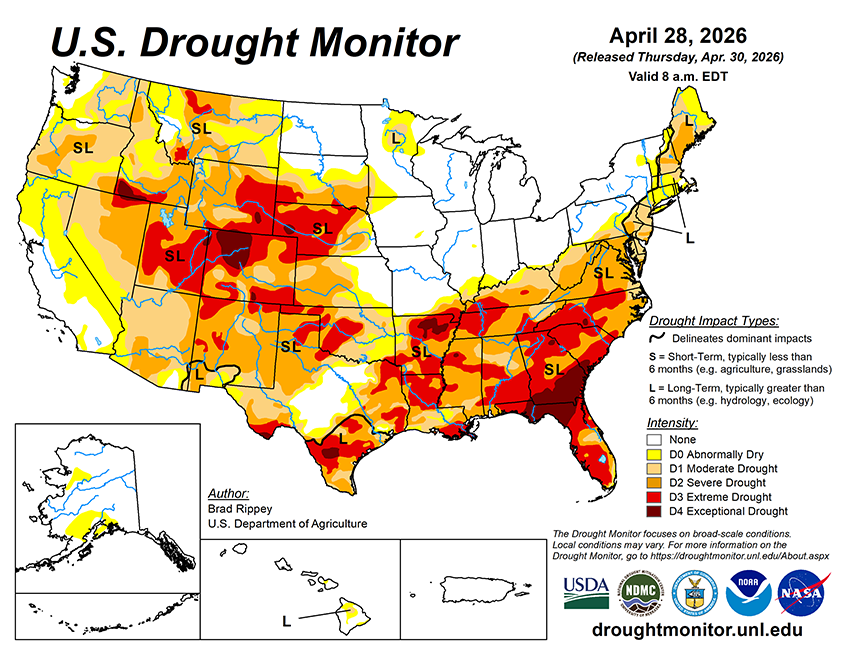 Weekly Drought Monitor for the Week ending 4/28/26