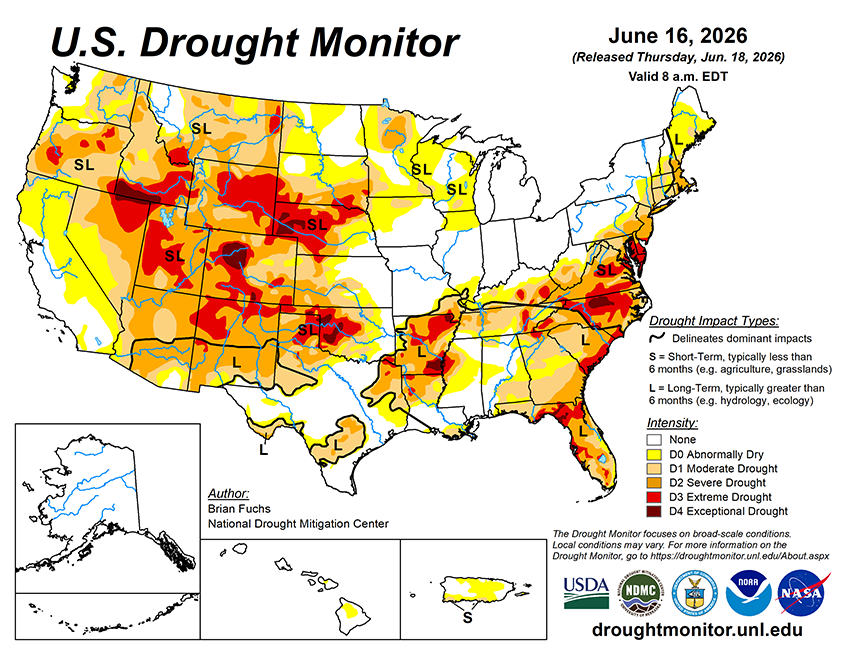 Weekly Drought Monitor for the Week ending 6/16/26
