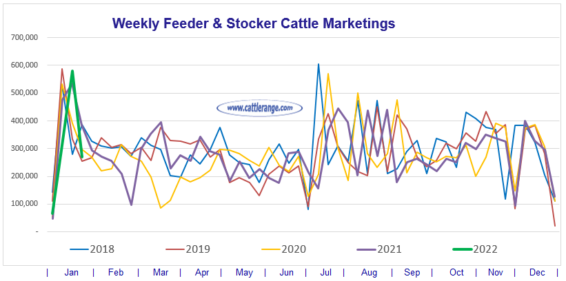 Weekly Feeder & Stocker Cattle Marketings for week ending 01/22/22