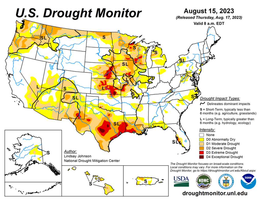 30.62% of the Lower 48 States are in Drought compared to 30.46% Last Week